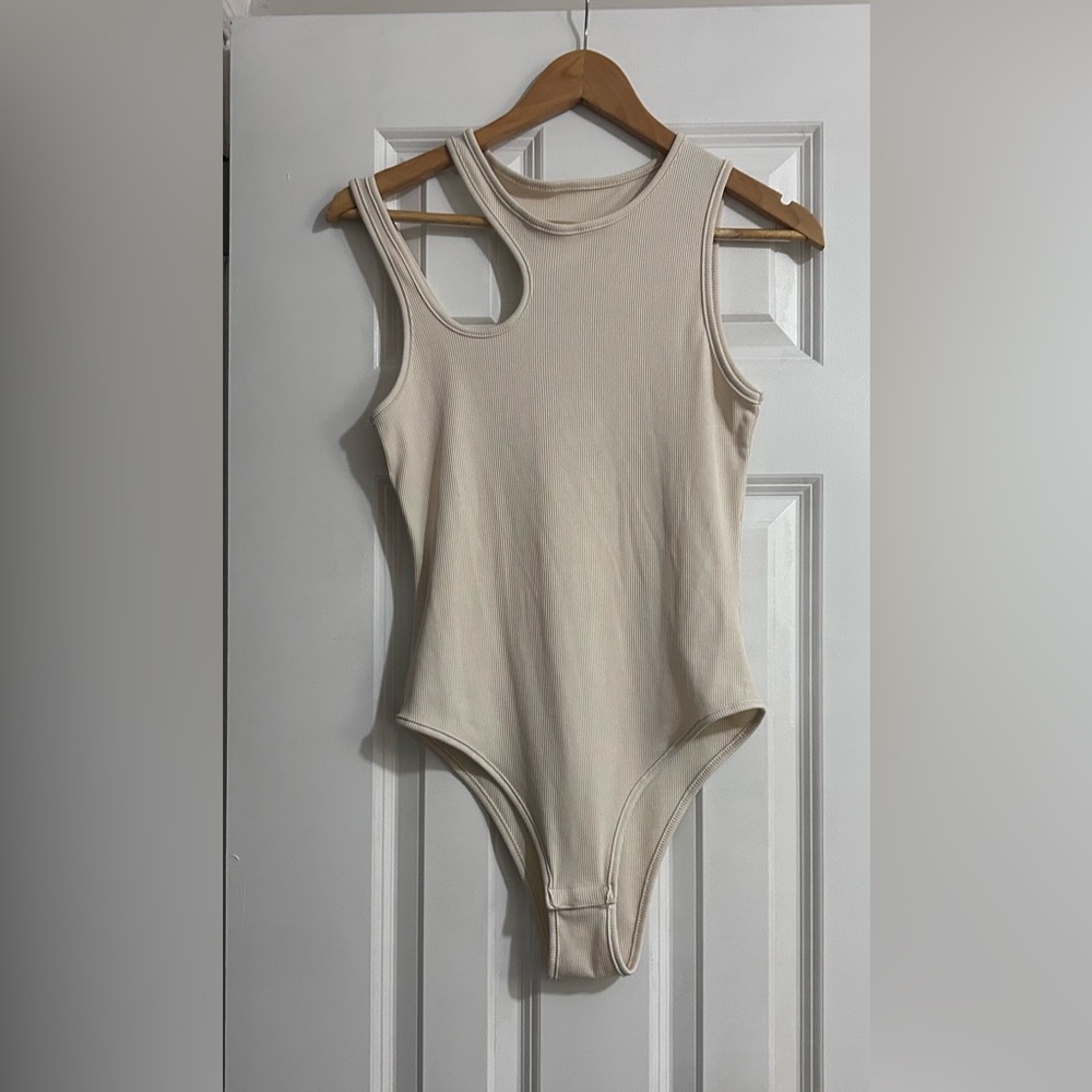 SHEIN Cream Ribbed Tank One-Piece Bodysuit